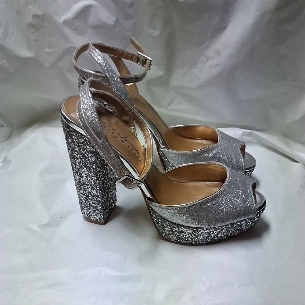 Badgley Mischka Silver Glitter Block Heels